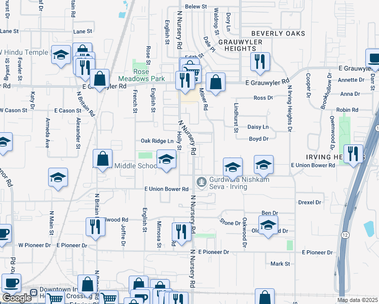 map of restaurants, bars, coffee shops, grocery stores, and more near 1117 North Nursery Road in Irving