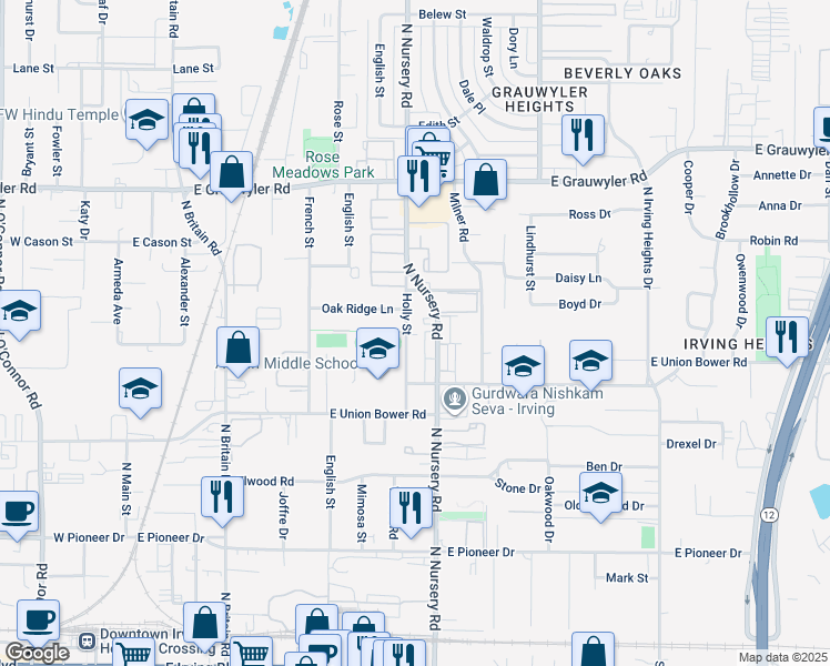 map of restaurants, bars, coffee shops, grocery stores, and more near 1117 North Nursery Road in Irving