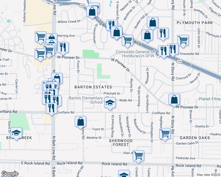 map of restaurants, bars, coffee shops, grocery stores, and more near 2917 Pritchett Drive in Irving