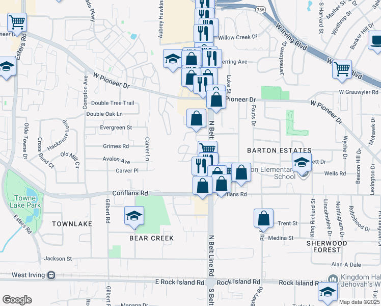 map of restaurants, bars, coffee shops, grocery stores, and more near 902 Trailwood Lane in Irving