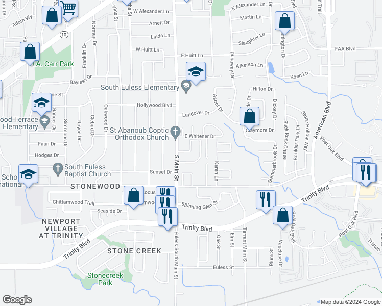 map of restaurants, bars, coffee shops, grocery stores, and more near 907 South Main Street in Euless