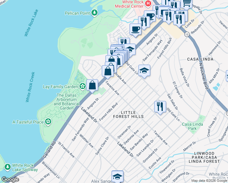 map of restaurants, bars, coffee shops, grocery stores, and more near 8823 San Fernando Way in Dallas