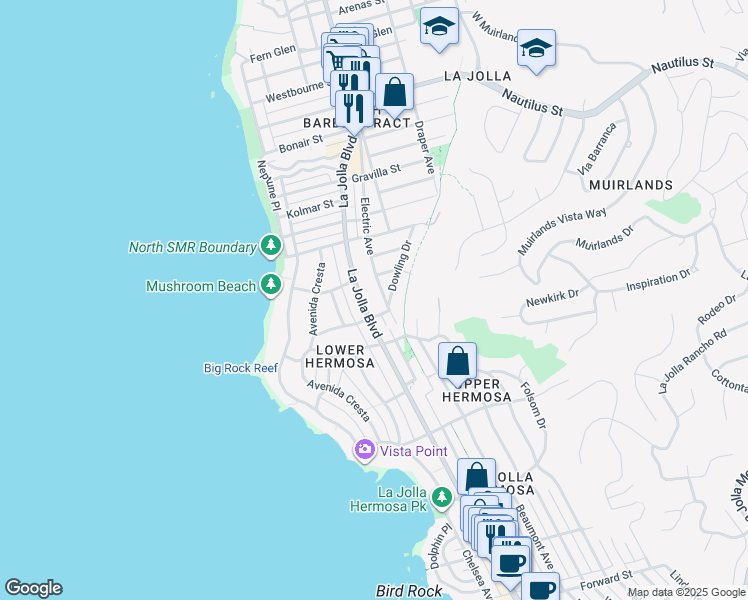 map of restaurants, bars, coffee shops, grocery stores, and more near 6333 La Jolla Boulevard in San Diego