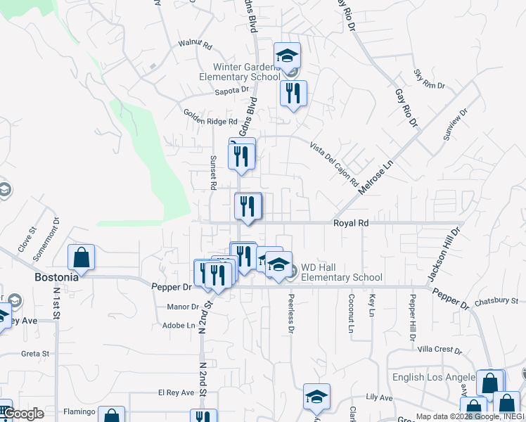 map of restaurants, bars, coffee shops, grocery stores, and more near 12044 Royal Road in El Cajon