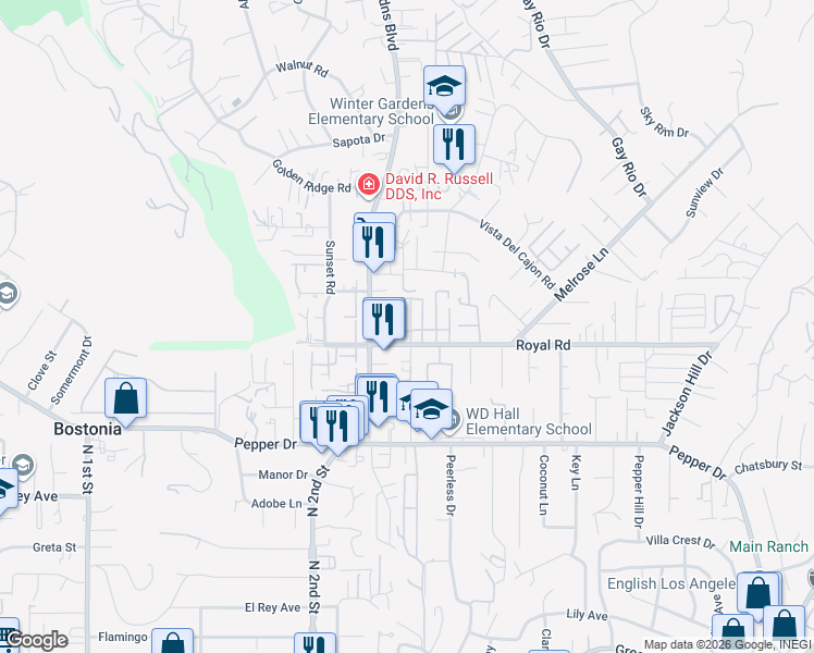 map of restaurants, bars, coffee shops, grocery stores, and more near 12020 Royal Road in Lakeside