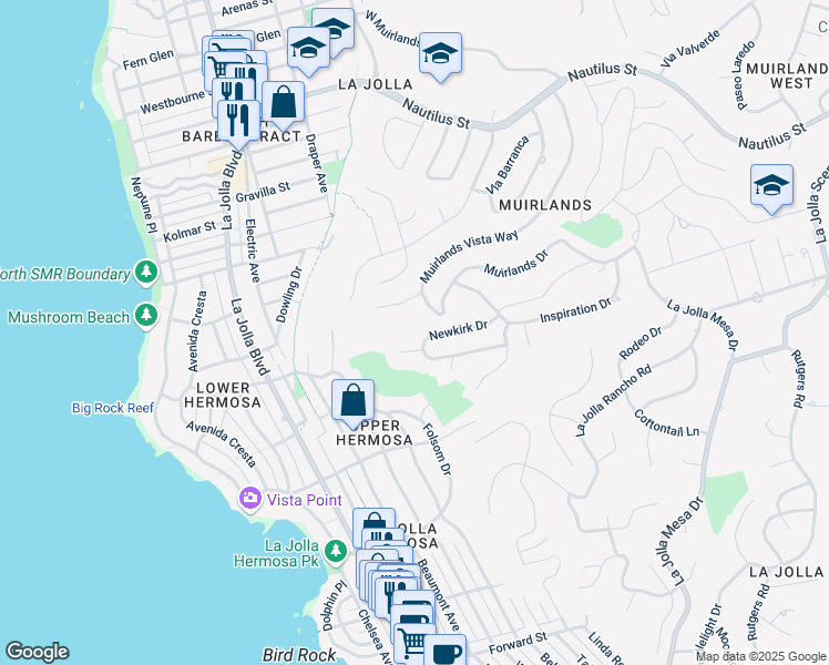 map of restaurants, bars, coffee shops, grocery stores, and more near 912 Newkirk Drive in San Diego