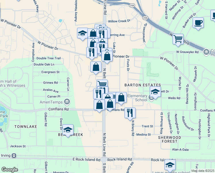 map of restaurants, bars, coffee shops, grocery stores, and more near 940 North Belt Line Road in Irving
