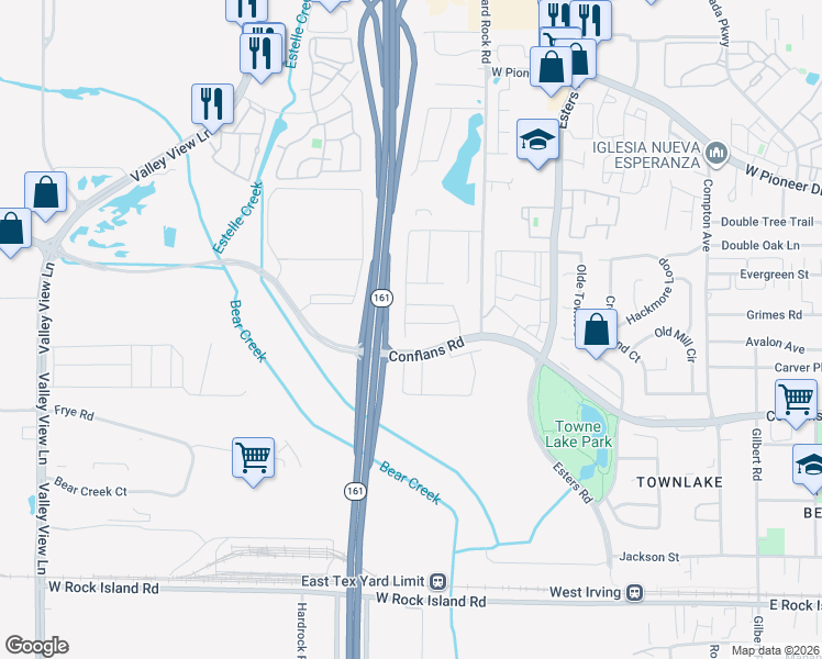 map of restaurants, bars, coffee shops, grocery stores, and more near 1112 Salma Jameel Court in Irving