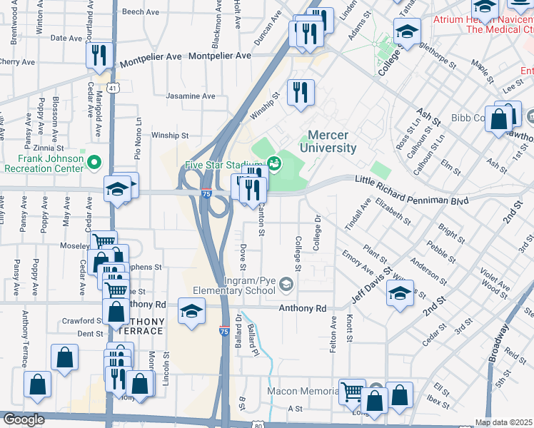 map of restaurants, bars, coffee shops, grocery stores, and more near 1840 Canton Street in Macon