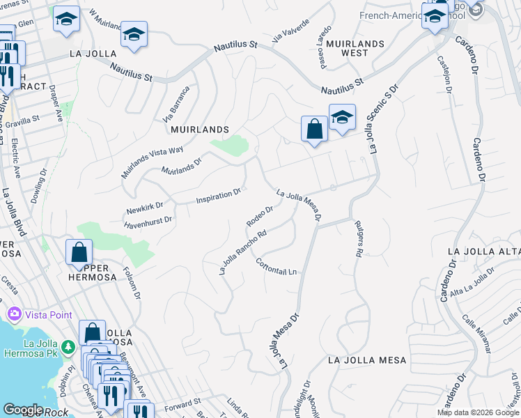 map of restaurants, bars, coffee shops, grocery stores, and more near 1402 Rodeo Drive in San Diego