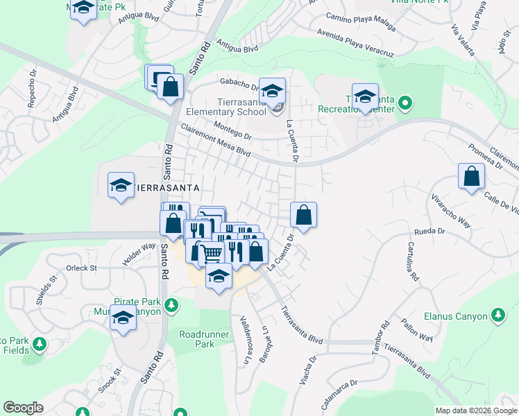 map of restaurants, bars, coffee shops, grocery stores, and more near 10766 Cariuto Court in San Diego