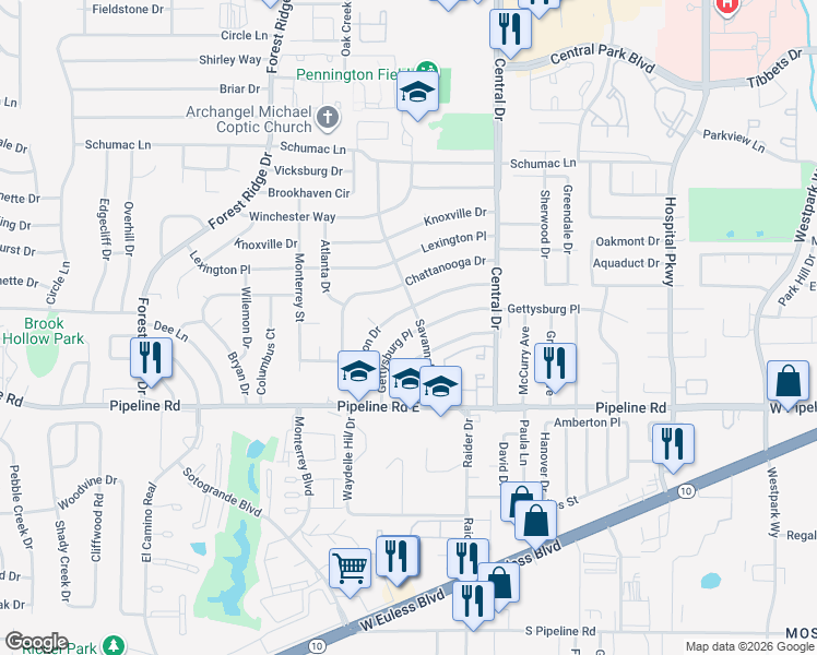 map of restaurants, bars, coffee shops, grocery stores, and more near 925 Gettysburg Place in Bedford