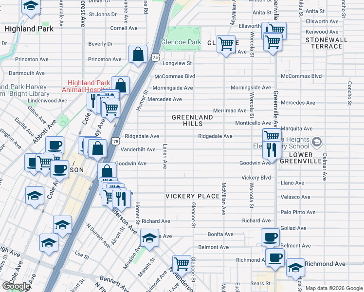 map of restaurants, bars, coffee shops, grocery stores, and more near 5335 Vanderbilt Avenue in Dallas