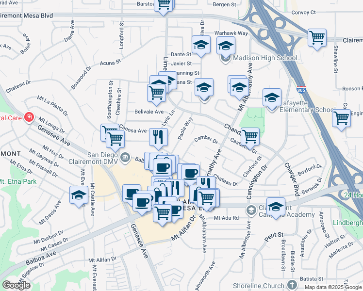 map of restaurants, bars, coffee shops, grocery stores, and more near 5554 Camber Drive in San Diego
