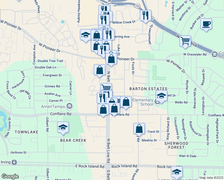 map of restaurants, bars, coffee shops, grocery stores, and more near 940 North Belt Line Road in Irving