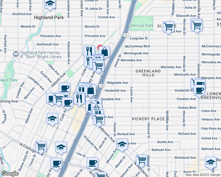map of restaurants, bars, coffee shops, grocery stores, and more near 5139 Vanderbilt Avenue in Dallas