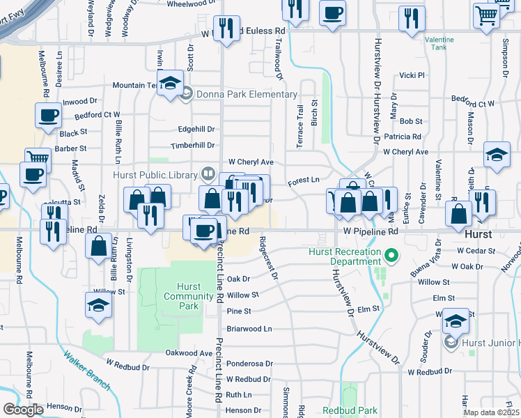 map of restaurants, bars, coffee shops, grocery stores, and more near 712 West Pipeline Road in Hurst