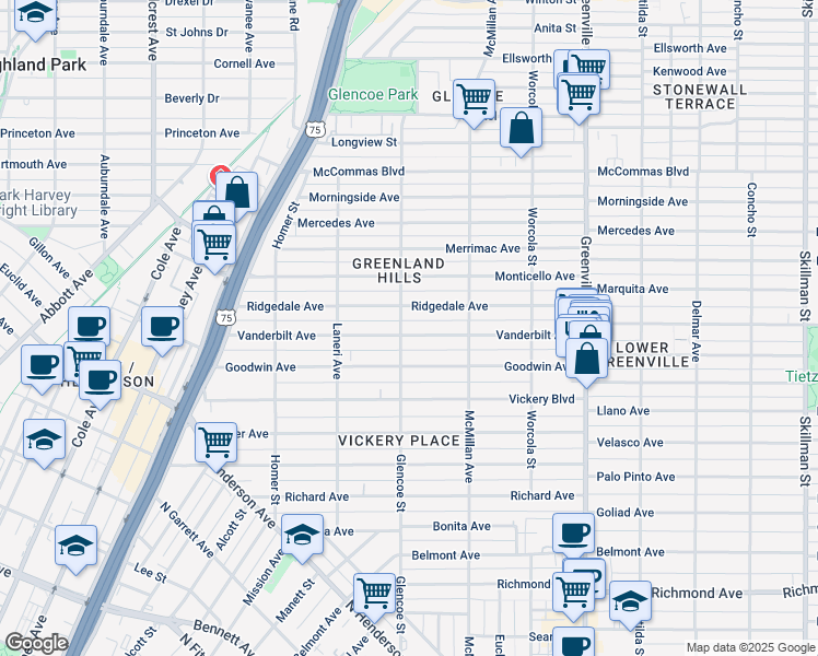 map of restaurants, bars, coffee shops, grocery stores, and more near 5407 Vanderbilt Avenue in Dallas