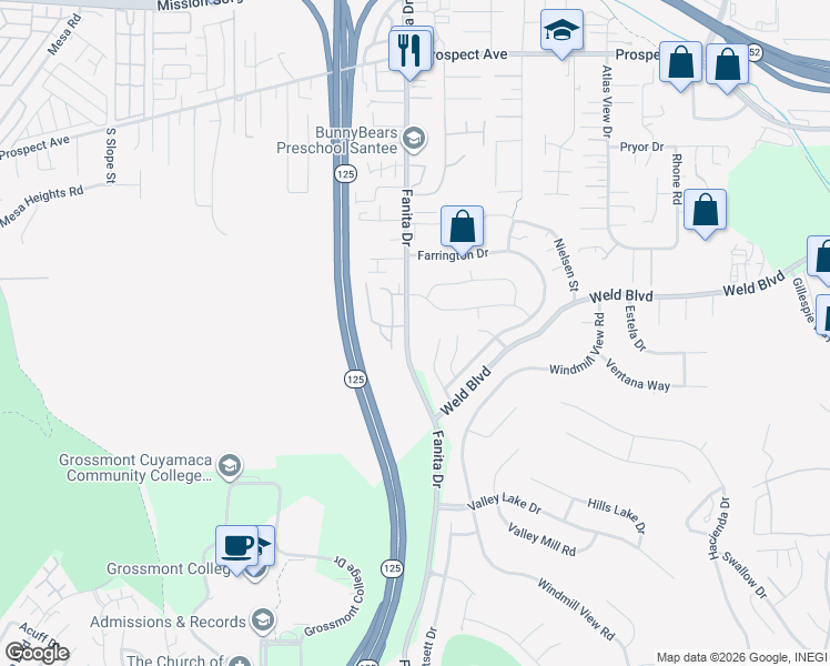 map of restaurants, bars, coffee shops, grocery stores, and more near 8101 Fanita Drive in Santee