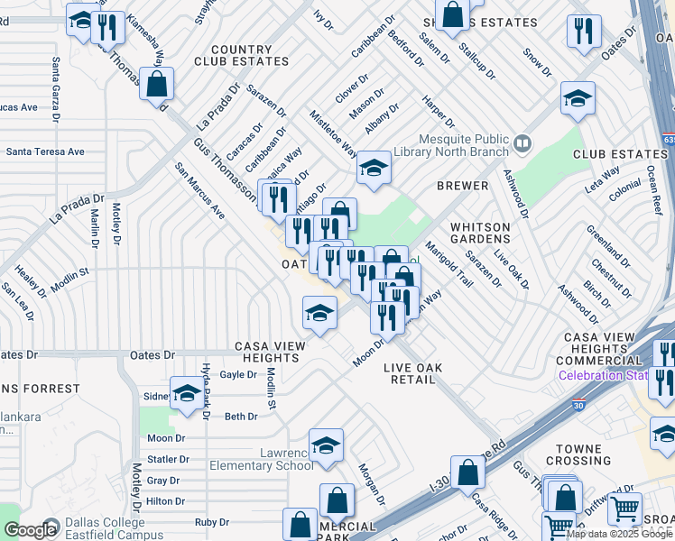 map of restaurants, bars, coffee shops, grocery stores, and more near 4540 Gus Thomasson Road in Mesquite