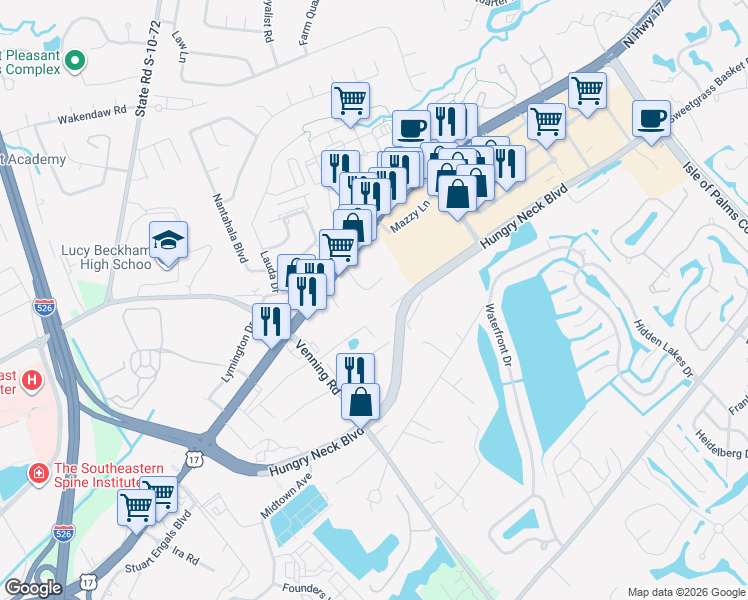 map of restaurants, bars, coffee shops, grocery stores, and more near 1119 Weaver Circle in Mount Pleasant