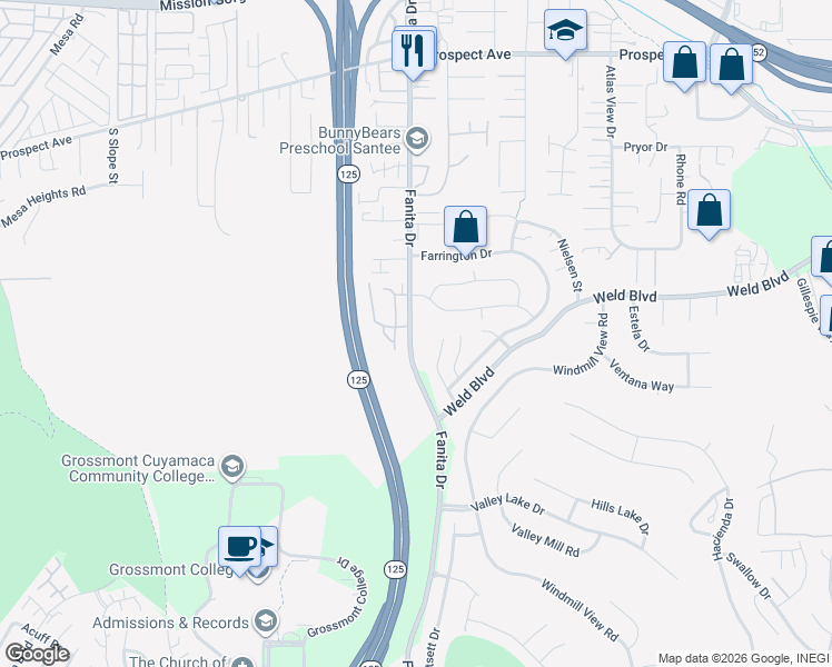 map of restaurants, bars, coffee shops, grocery stores, and more near 8101 Fanita Drive in Santee