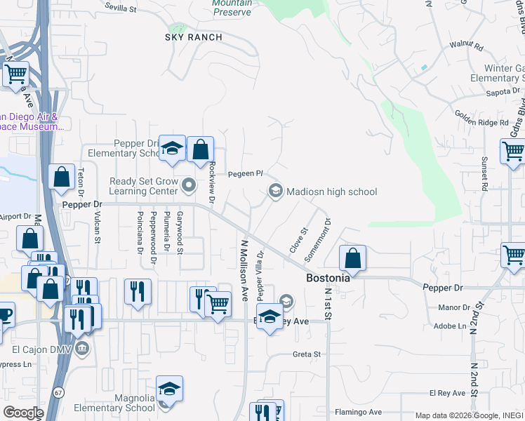 map of restaurants, bars, coffee shops, grocery stores, and more near 8211 Limon Lane in El Cajon