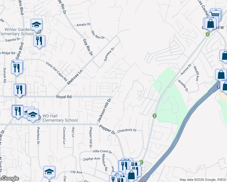 map of restaurants, bars, coffee shops, grocery stores, and more near 12675 Jackson Hill Drive in El Cajon