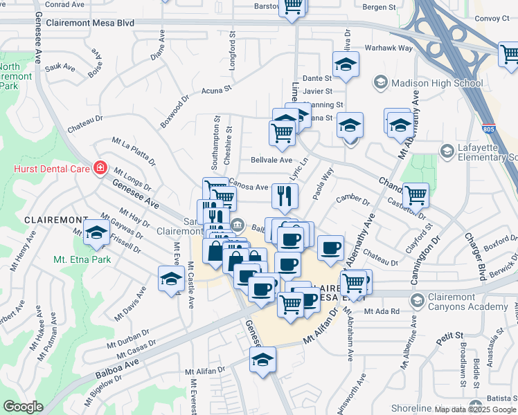 map of restaurants, bars, coffee shops, grocery stores, and more near 5188 Balboa Arms Drive in San Diego