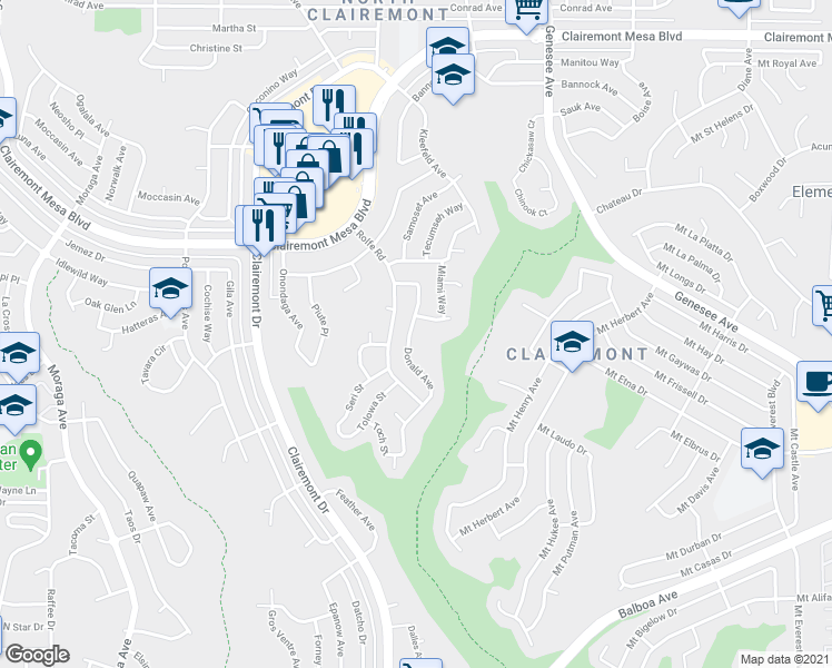 map of restaurants, bars, coffee shops, grocery stores, and more near 4457 Donald Avenue in San Diego