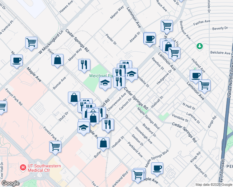 map of restaurants, bars, coffee shops, grocery stores, and more near 2912 Inwood Road in Dallas