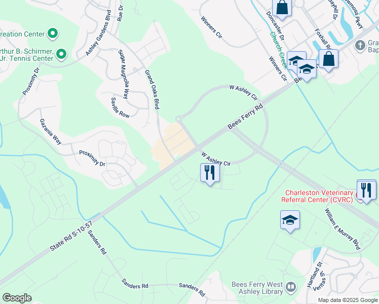 map of restaurants, bars, coffee shops, grocery stores, and more near Bees Ferry Road in Charleston