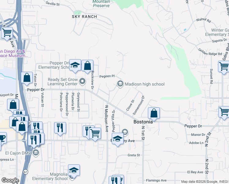 map of restaurants, bars, coffee shops, grocery stores, and more near 8211 Limon Lane in El Cajon