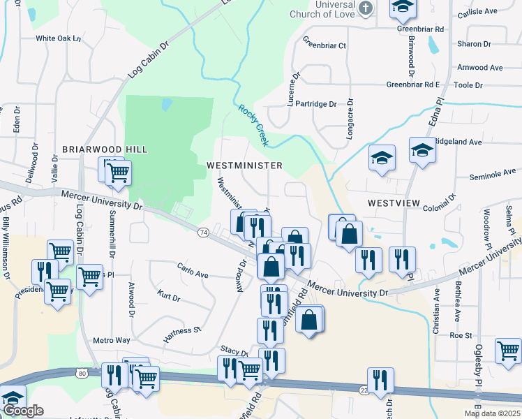 map of restaurants, bars, coffee shops, grocery stores, and more near 1557 North Atwood Drive in Macon