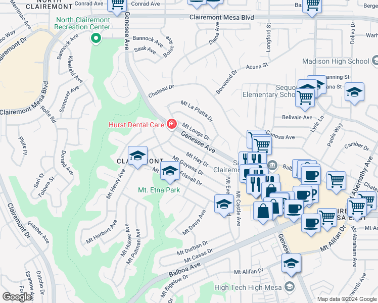 map of restaurants, bars, coffee shops, grocery stores, and more near 4804 Mount Hay Drive in San Diego