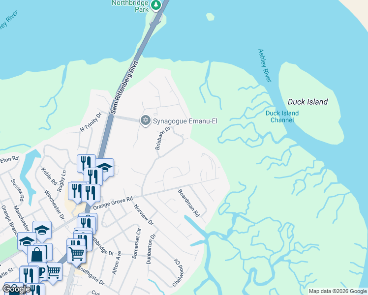 map of restaurants, bars, coffee shops, grocery stores, and more near 30 Brisbane Drive in Charleston