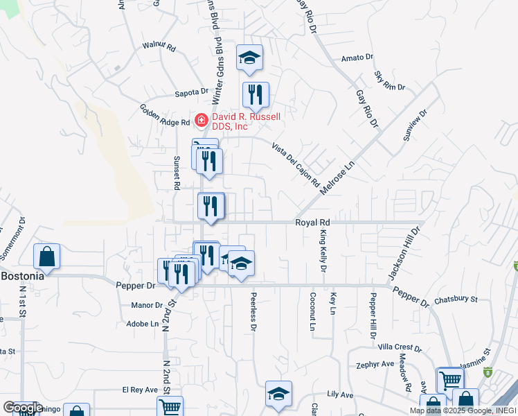 map of restaurants, bars, coffee shops, grocery stores, and more near 8128 Royal Park Lane in El Cajon