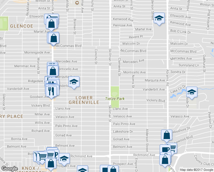 map of restaurants, bars, coffee shops, grocery stores, and more near 6038 Vanderbilt Avenue in Dallas