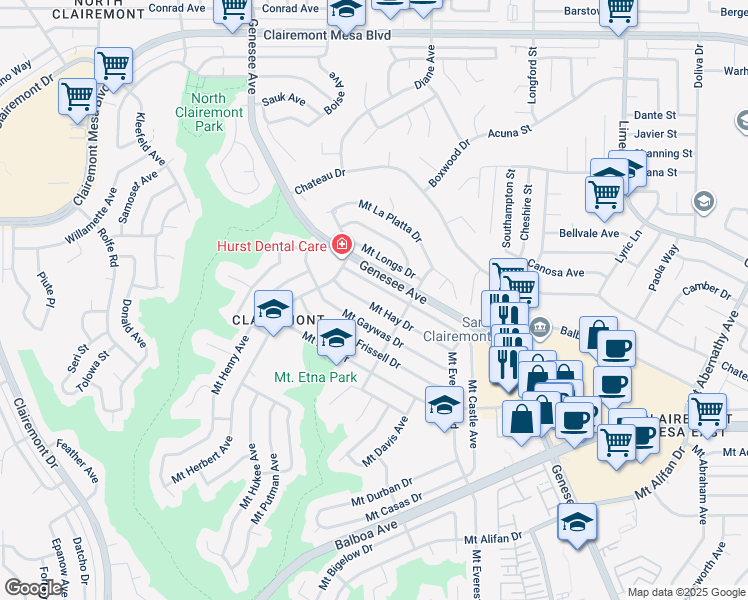 map of restaurants, bars, coffee shops, grocery stores, and more near 4804 Mount Hay Drive in San Diego
