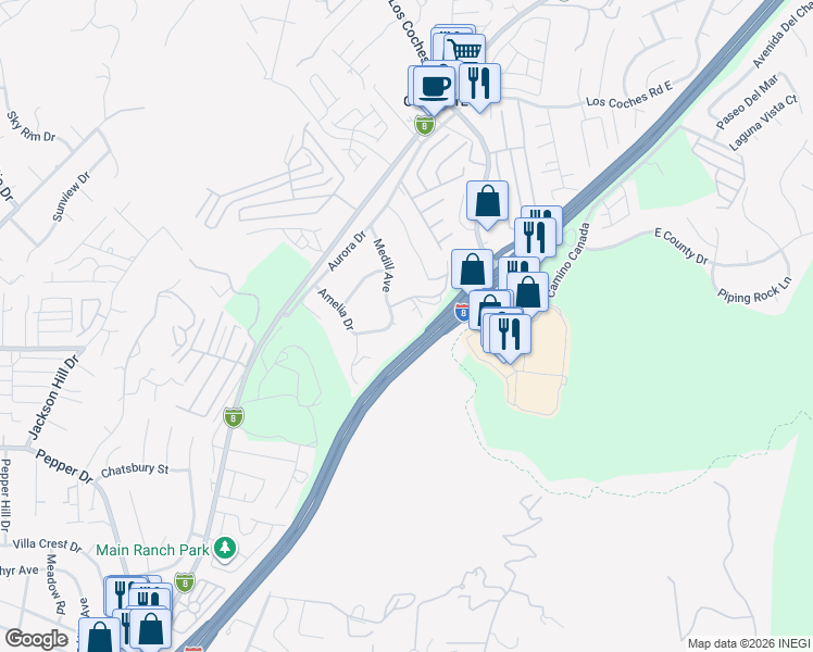 map of restaurants, bars, coffee shops, grocery stores, and more near 8133 Medill Avenue in El Cajon