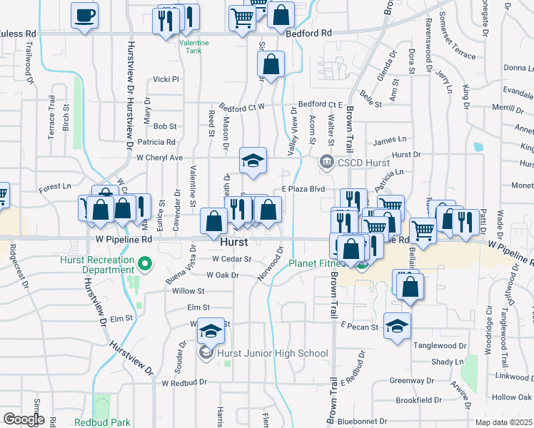 map of restaurants, bars, coffee shops, grocery stores, and more near 825 Norwood Drive in Hurst