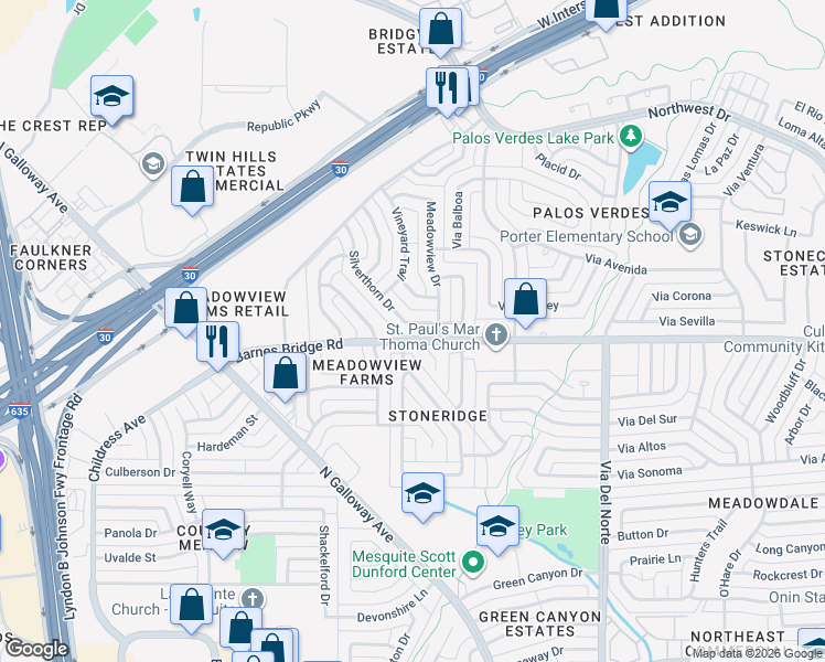 map of restaurants, bars, coffee shops, grocery stores, and more near 4317 Wayfaring Street in Mesquite