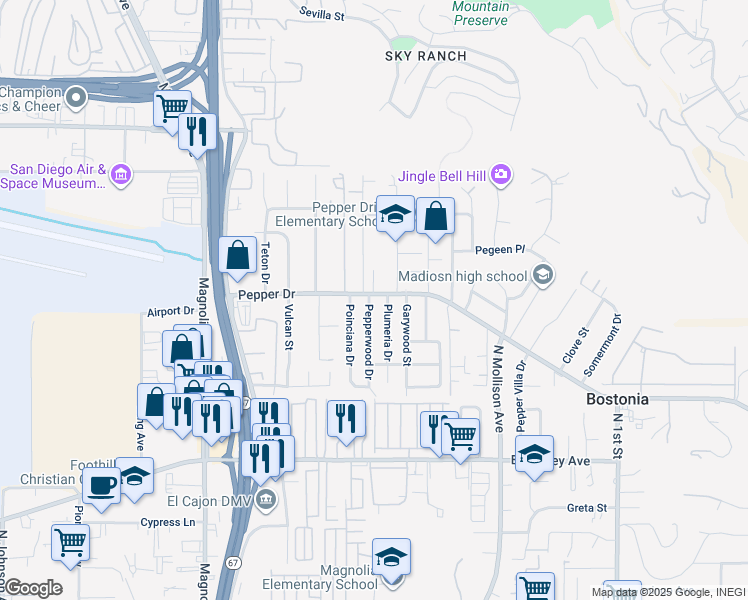 map of restaurants, bars, coffee shops, grocery stores, and more near 605 Pepper Drive in El Cajon