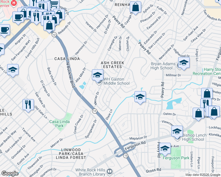 map of restaurants, bars, coffee shops, grocery stores, and more near 1742 Mariposa Drive in Dallas