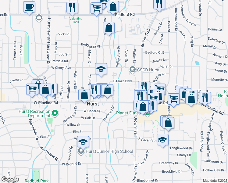 map of restaurants, bars, coffee shops, grocery stores, and more near 112 East Plaza Boulevard in Hurst