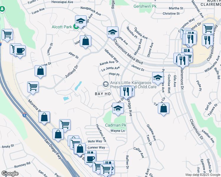 map of restaurants, bars, coffee shops, grocery stores, and more near 4457 Kamloop Avenue in San Diego