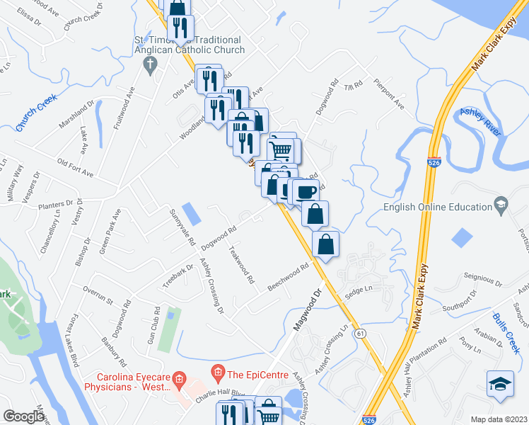 map of restaurants, bars, coffee shops, grocery stores, and more near 1815 Dogwood Road in Charleston
