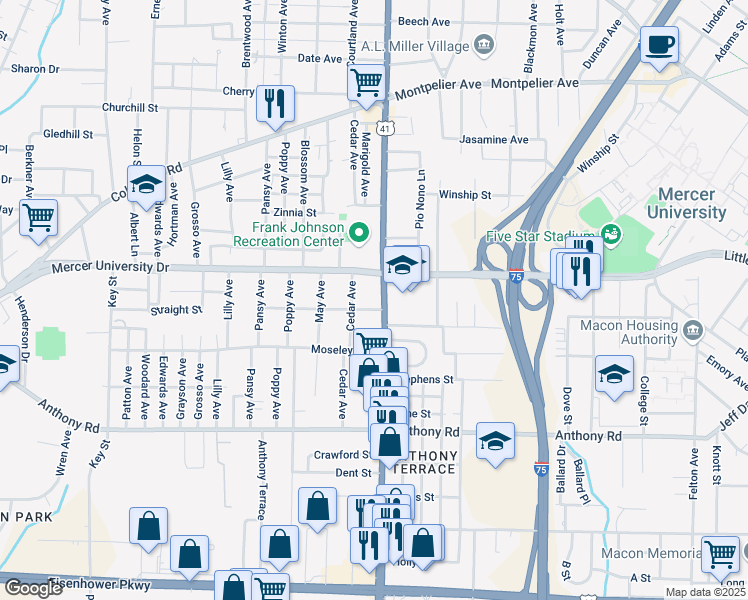 map of restaurants, bars, coffee shops, grocery stores, and more near 1871 Pio Nono Avenue in Macon