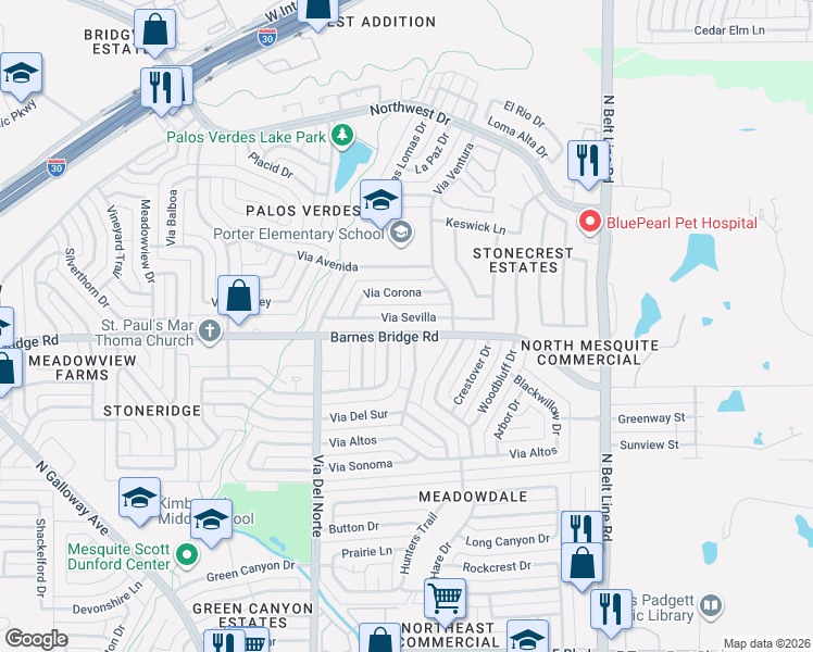 map of restaurants, bars, coffee shops, grocery stores, and more near 600 Barnes Bridge Road in Mesquite
