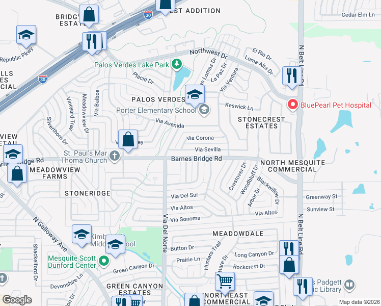 map of restaurants, bars, coffee shops, grocery stores, and more near 600 Barnes Bridge Road in Mesquite